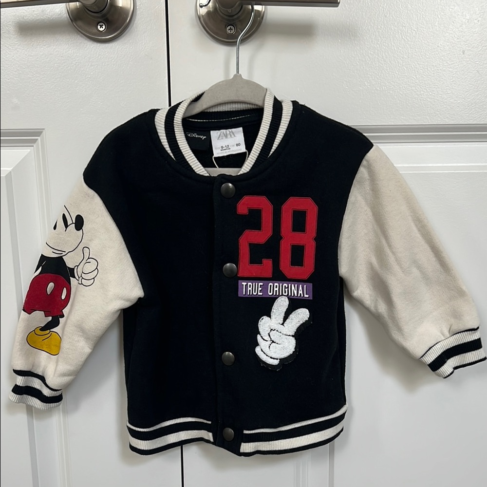 Zara kids Disney black and white Mickey Mouse varsity style jacket
